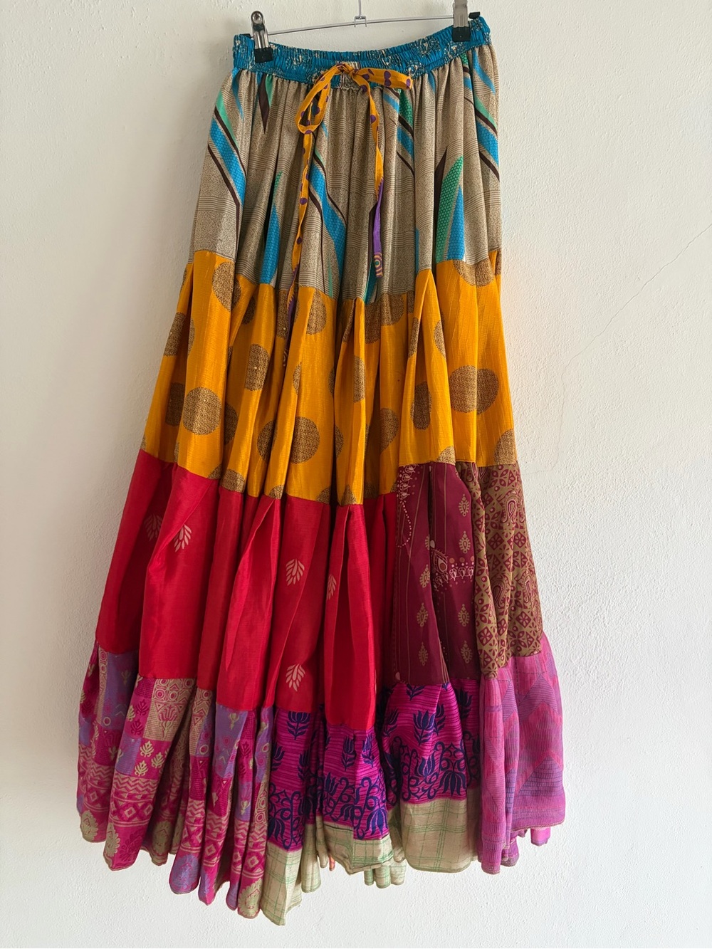 Stunning Bohemian Tiered Patchwork Silk Sari Maxi Skirt